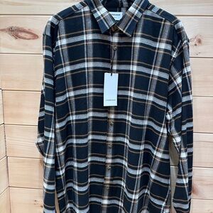 LINDBERGH Men's Black, Gray & Orange Plaid Button Down Shirt